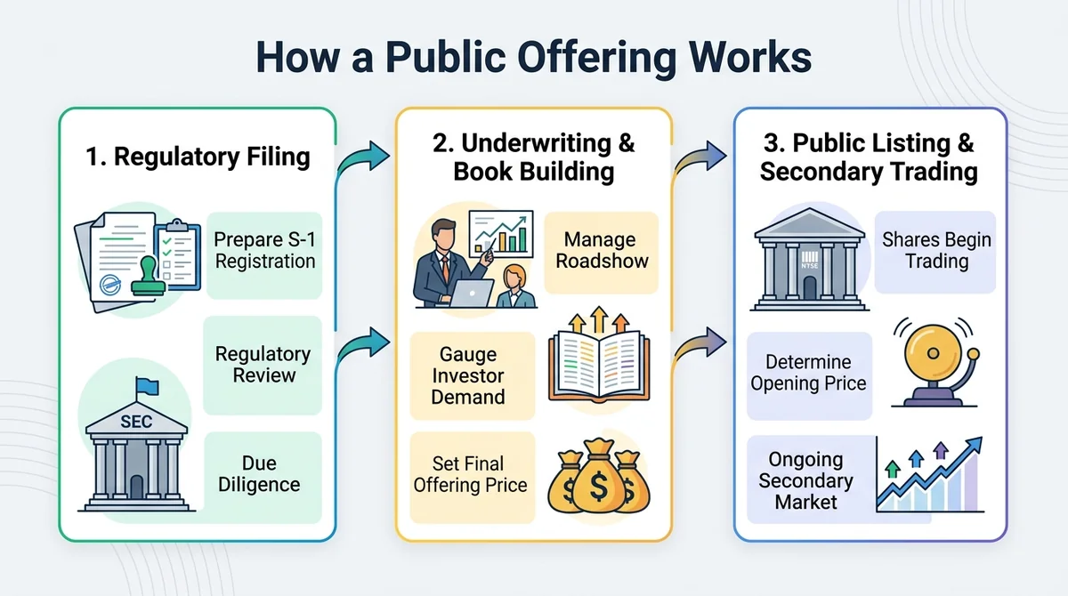 Wide 16:9 horizontal infographic diagram titled 'How a Public Offering Works', showing 3 sequential steps from left to right: