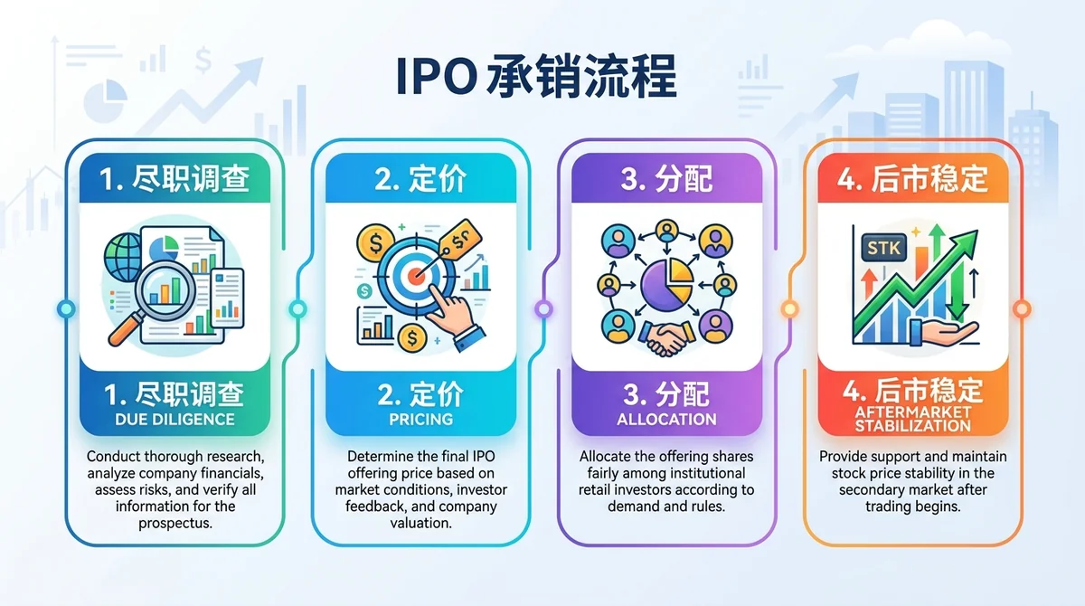 IPO承销流程四步信息图：尽职调查、定价、分配、后市稳定，每步配图标和简短英文说明