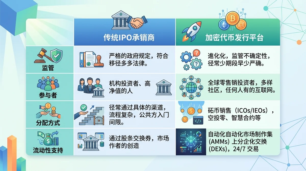 传统IPO承销商与加密代币发行平台对比表，对比维度：监管、参与者、分配方式、流动性支持