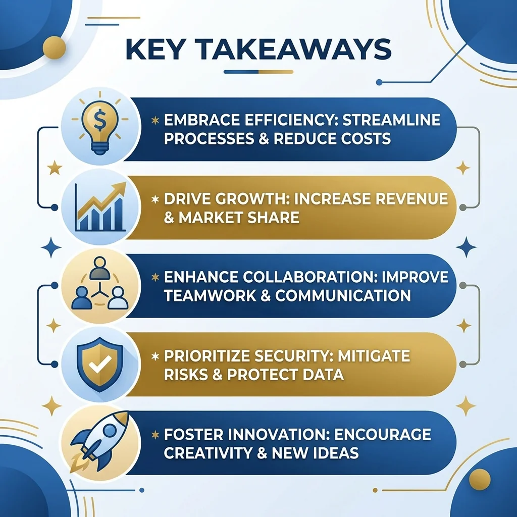 Square 1:1 infographic, 5 bullet points with simple icons, English text only, modern flat design, blue and gold color scheme,