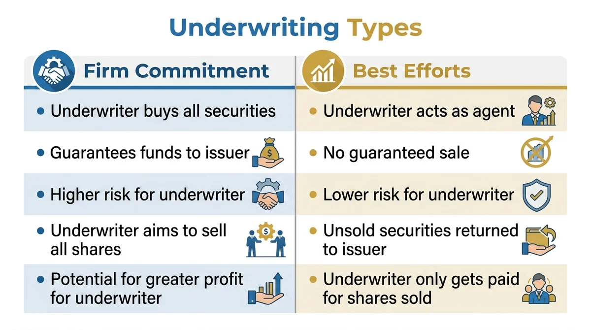 Square 1:1 comparison chart, two columns labeled 'Firm Commitment' and 'Best Efforts', each with bullet points in English, cl