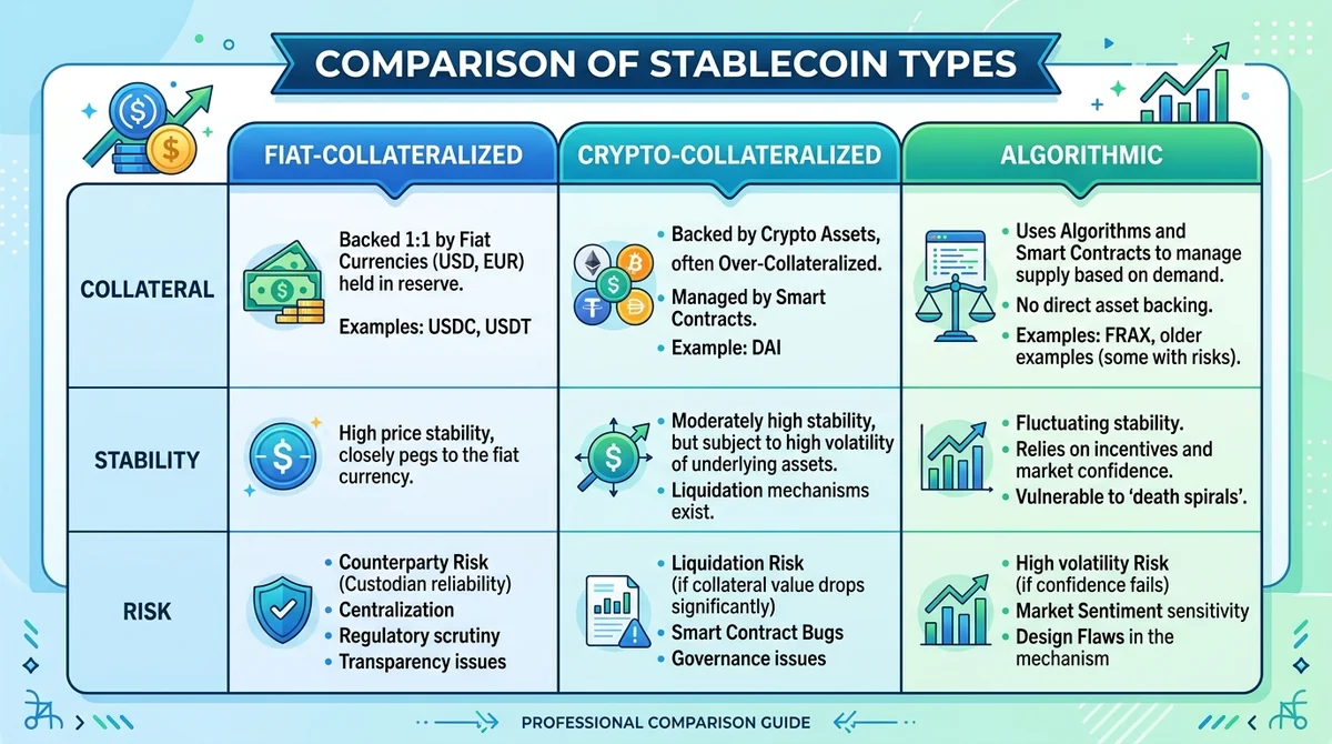 Clean comparison table infographic, three columns for fiat-collateralized, crypto-collateralized, and algorithmic stablecoins
