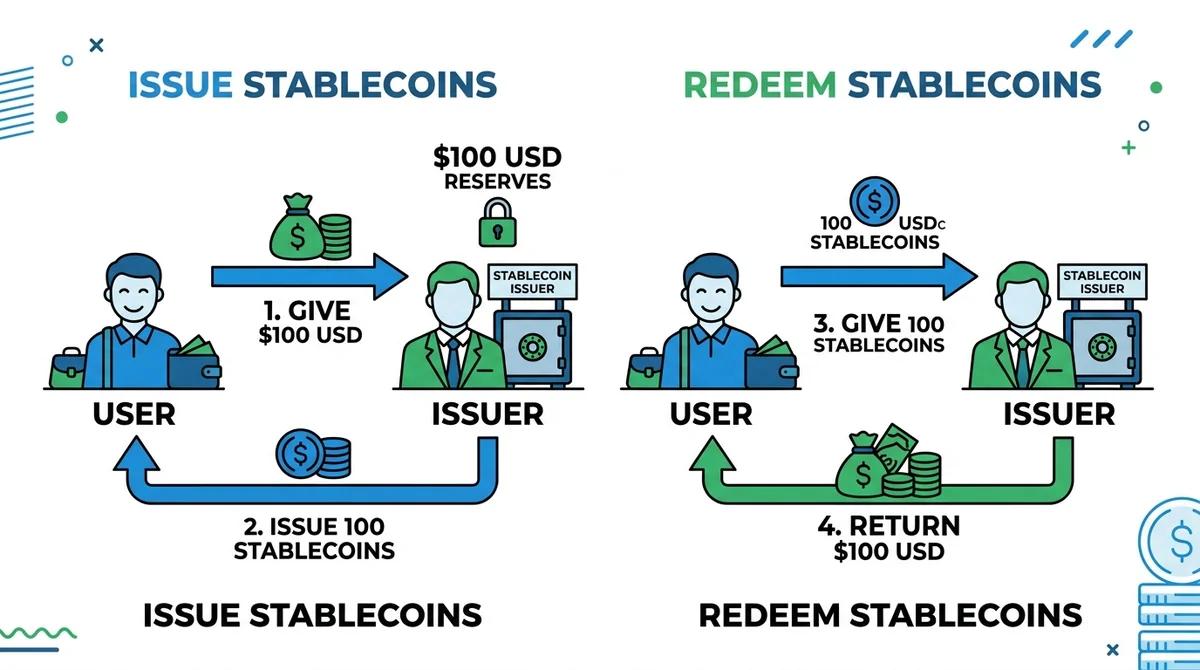Wide 16:9 horizontal flow diagram infographic, showing user giving 100 dollars to issuer, issuer issuing 100 stablecoins, use