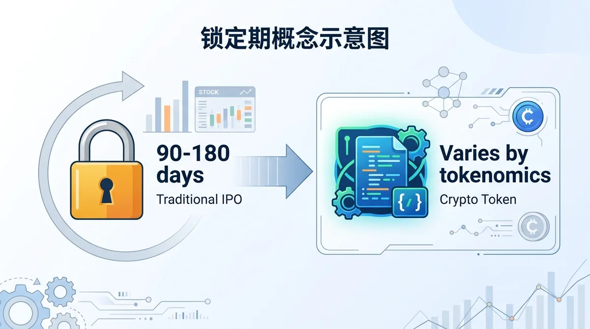 锁定期概念示意图:一个挂锁图标旁边标注'90-180 days',下方小字'Traditional IPO',另一个智能合约图标标注'Varies by tokenomics',下方小字'Crypto Token'