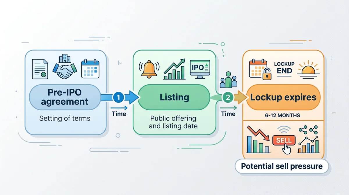 锁定期运作机制流程图:从'Pre-IPO agreement'到'Listing'再到'Lockup expires',每个阶段用箭头连接,下方标注'Potential sell pressure'