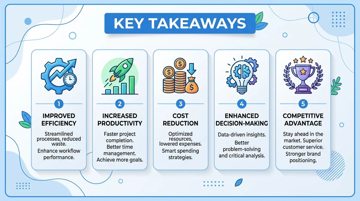 Wide 16:9 horizontal infographic, title 'Key Takeaways' in bold English at top, 5 bullet points with simple icons arranged in