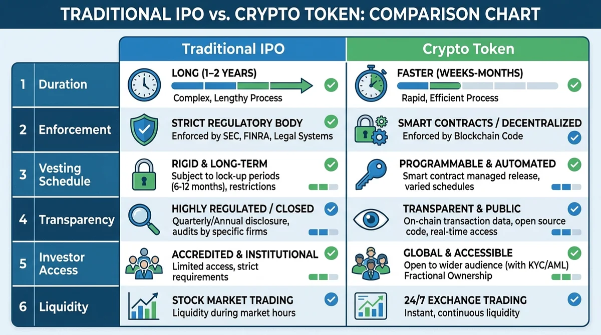 Wide 16:9 horizontal comparison chart, two columns labeled 'Traditional IPO' and 'Crypto Token' in English, rows for duration