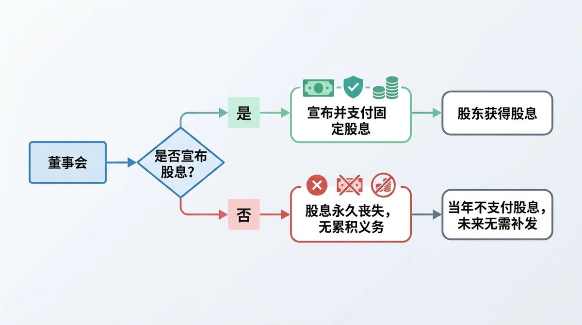 非累积优先股运作机制流程图：董事会决定是否宣布股息 → 宣布则支付固定股息 → 未宣布则股息永久丧失，无累积义务