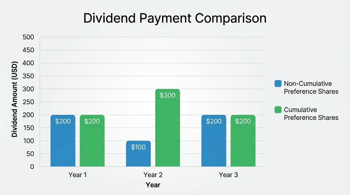 Horizontal bar chart comparing dividend payments for non cumulative and cumulative preference shares over three years, X-axis