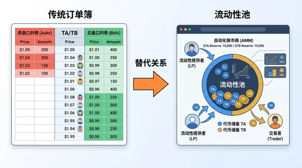 示意图：左侧为传统订单簿（买卖盘口列表），右侧为流动性池（代币储备），中间箭头表示替代关系