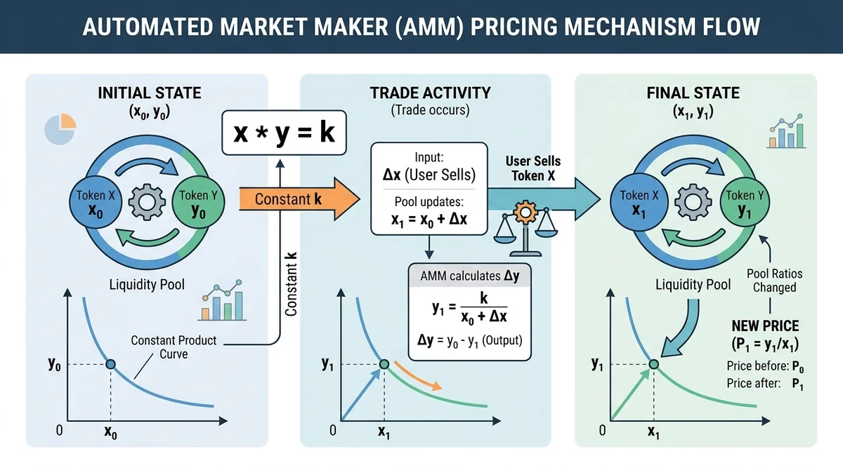 自动做市商（AMM）定价机制流程图：展示恒定乘积公式 x*y=k，以及交易如何改变池内比例