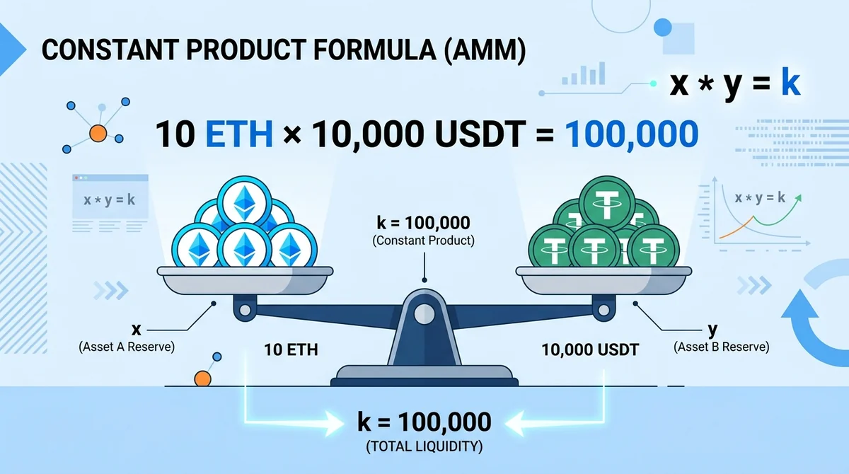 Wide 16:9 horizontal infographic illustrating the constant product formula, showing a balance scale with ETH and USDT tokens,