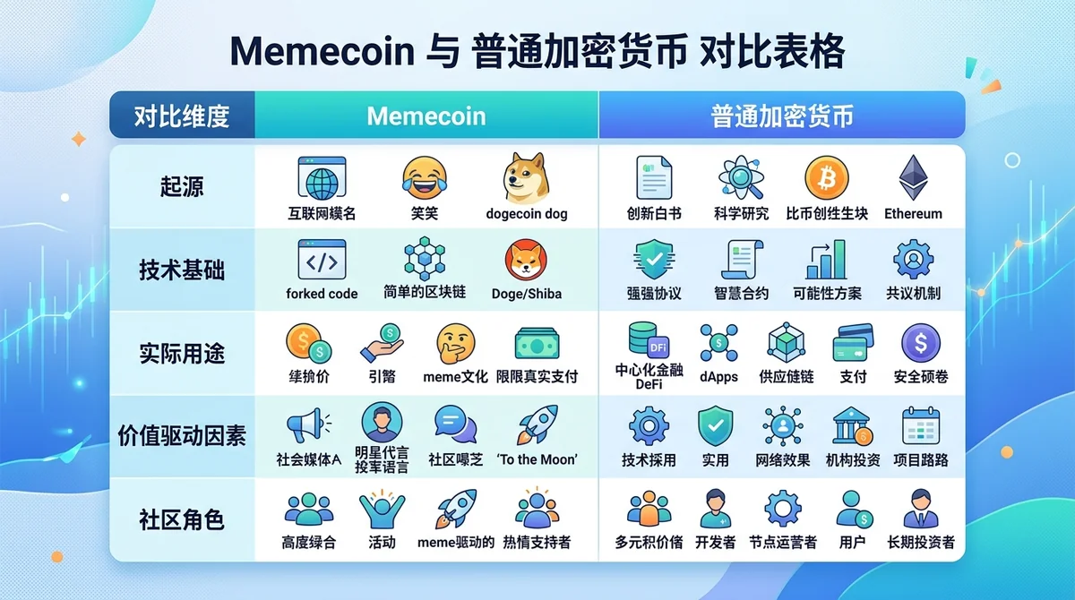 Memecoin 与普通加密货币对比表格：对比维度包括起源、技术基础、实际用途、价值驱动因素、社区角色等
