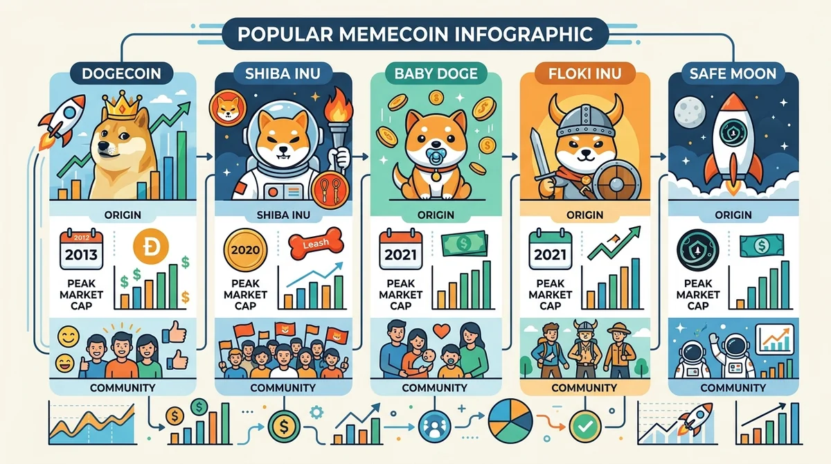 知名 Memecoin 信息图：展示狗狗币、柴犬币及其他 Memecoin 的起源、市值峰值、社区特点等关键信息