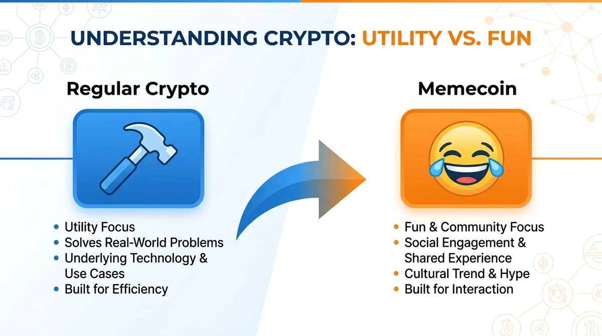 Wide 16:9 horizontal infographic, left side shows hammer icon labeled 'Regular Crypto: Utility', right side shows laughing em