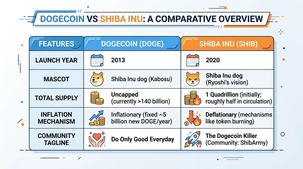 Wide 16:9 horizontal comparison table, columns for Dogecoin and Shiba Inu, rows for launch year, mascot, supply, inflation, c