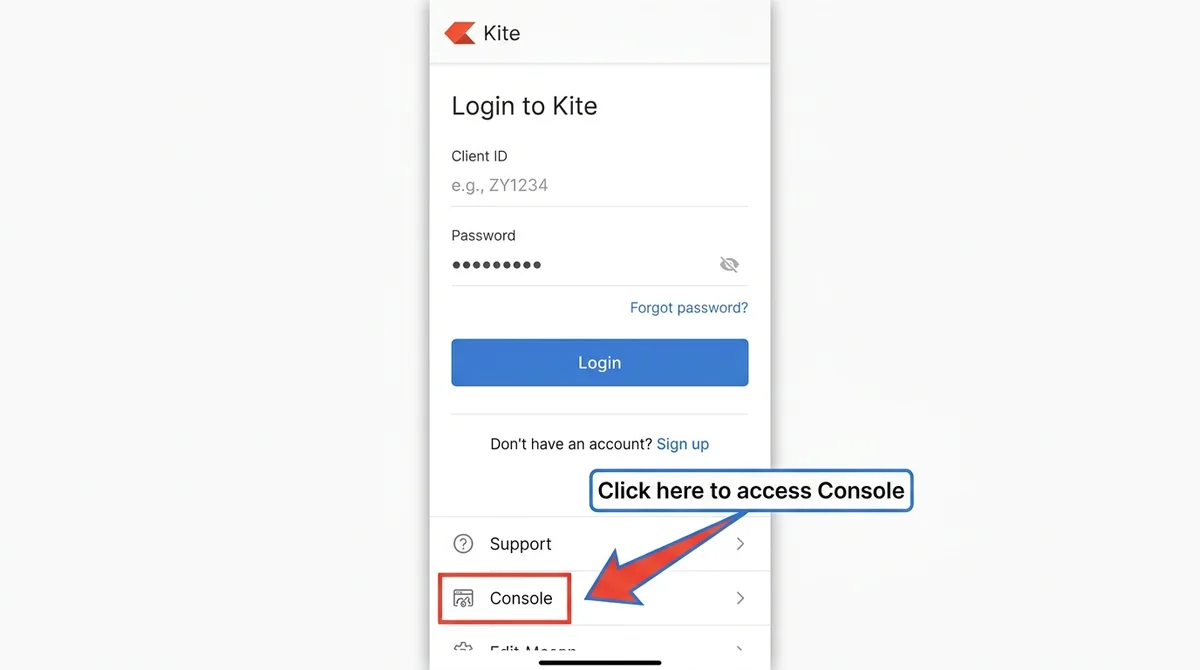 Wide 16:9 horizontal image, mobile app screenshot of Zerodha Kite login screen, arrow highlighting the 'Console' button, clea