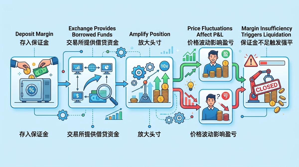 杠杆交易运作流程信息图:展示存入保证金→交易所提供借贷资金→放大头寸→价格波动影响盈亏→保证金不足触发强平的完整流程