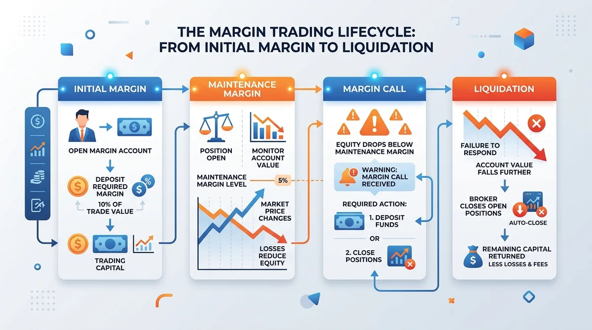 Wide 16:9 horizontal infographic, flowchart from initial margin to maintenance margin to margin call to liquidation, clean fl