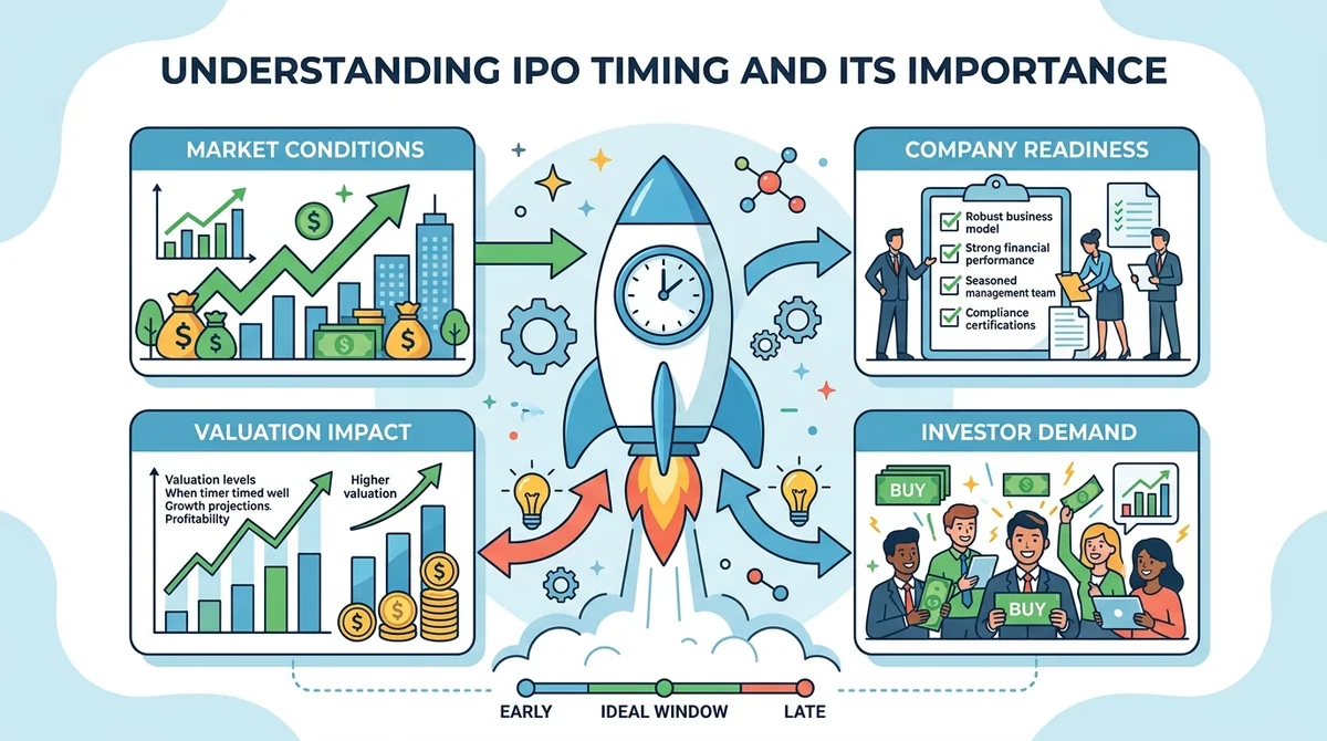 Infographic explaining what is IPO timing and why it matters, showing key factors: market conditions, company readiness, valu