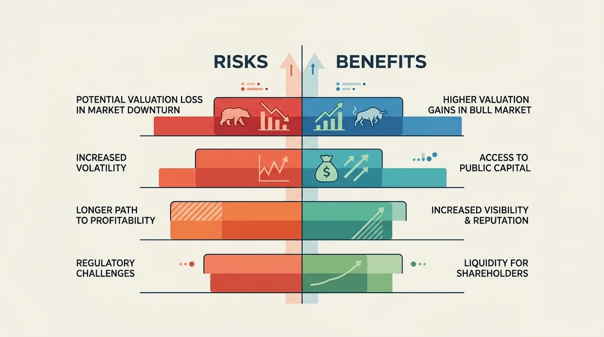 Bar chart comparing IPO timing risks vs benefits, showing potential valuation loss during market downturn vs gain in bull mar