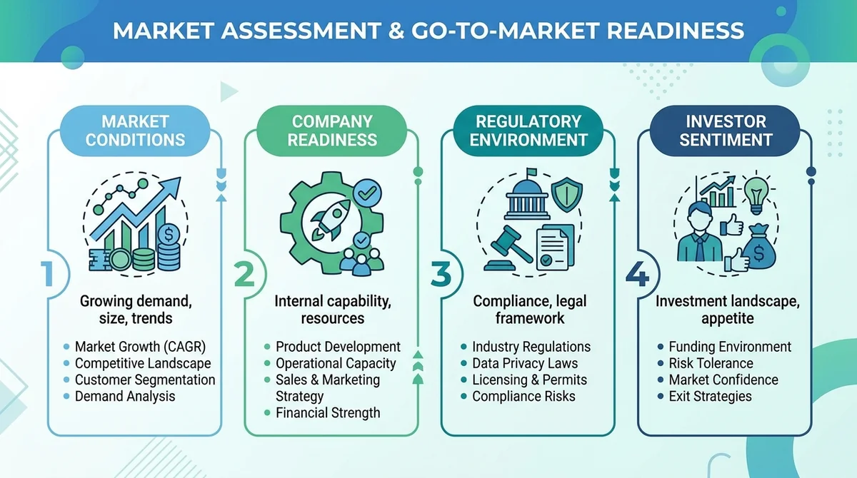Wide 16:9 horizontal infographic with four sections representing market conditions, company readiness, regulatory environment