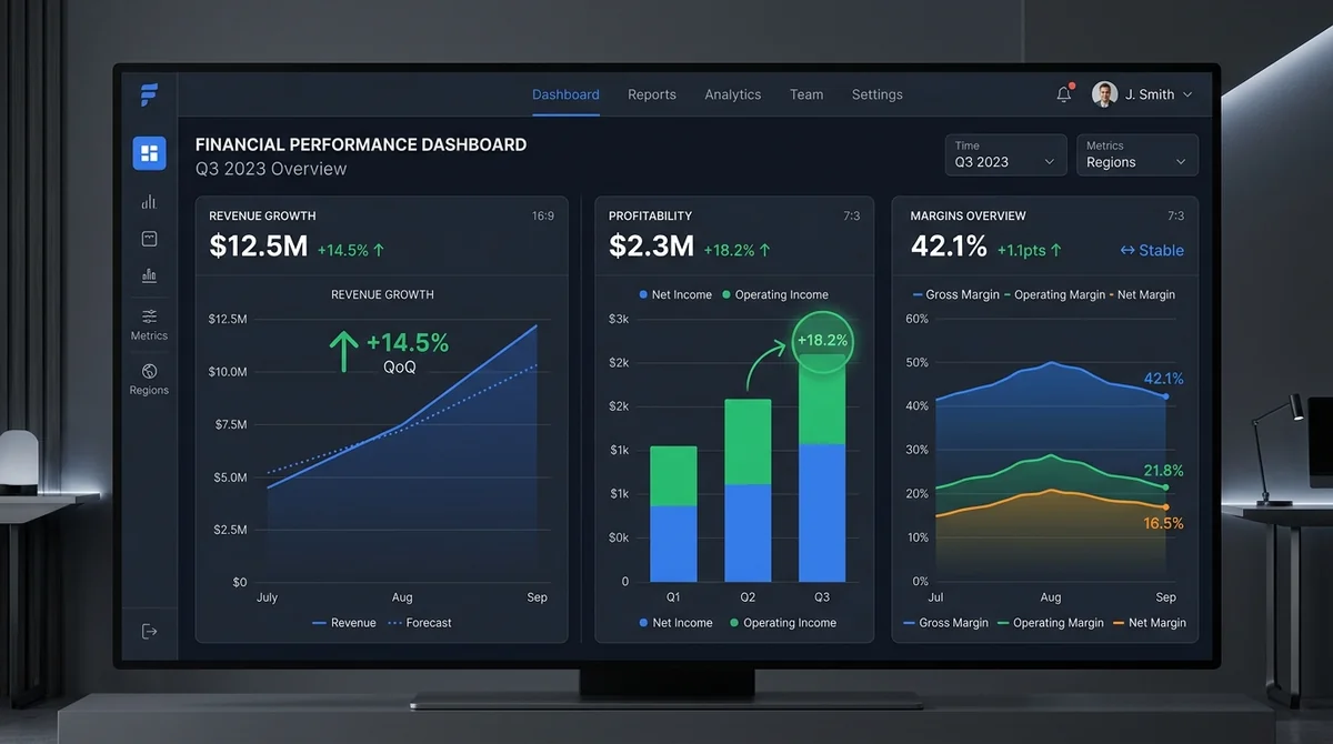 Wide 16:9 horizontal screenshot of a financial dashboard, showing charts for revenue growth, profitability, and margins, with
