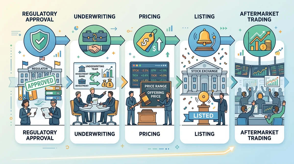 Step-by-step infographic of the bank IPO process: regulatory approval, underwriting, pricing, listing, aftermarket trading