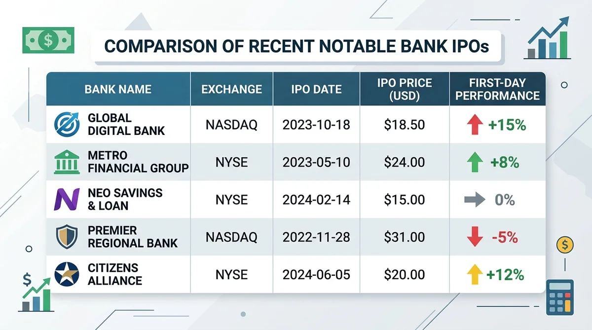 Table comparing recent notable bank IPOs: bank name, exchange, IPO date, IPO price, first-day performance