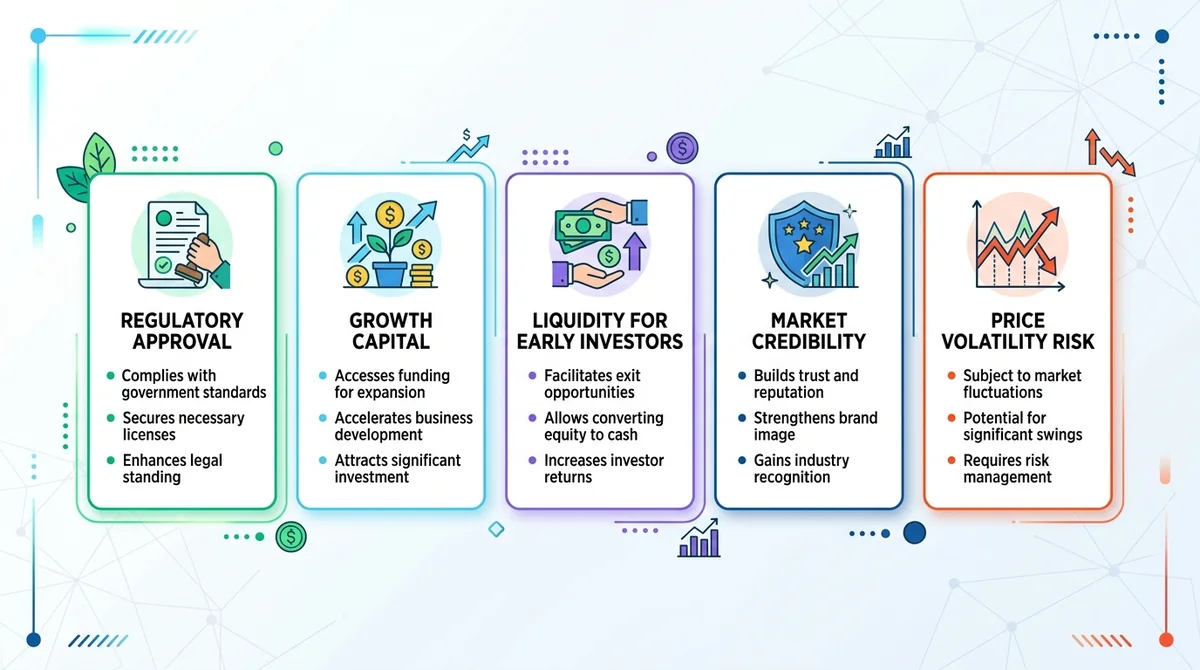 Vertical infographic, clean flat design, five sections with icons: regulatory approval, growth capital, liquidity for early i