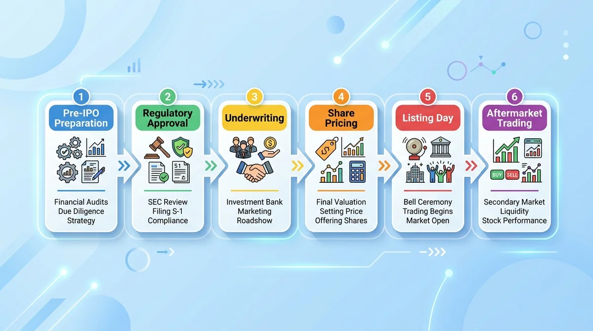 Wide 16:9 horizontal flow diagram, six connected steps with arrows: Pre-IPO Preparation, Regulatory Approval, Underwriting, S