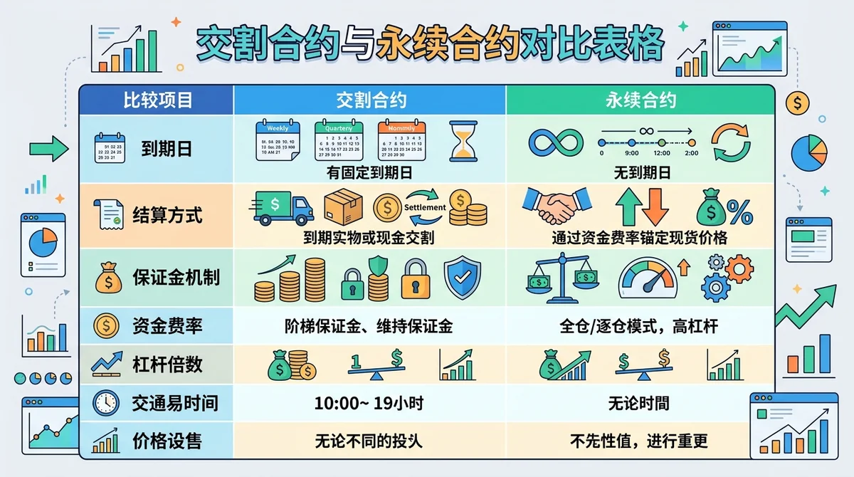 交割合约与永续合约对比表格，列出到期日、结算方式、保证金机制等关键差异