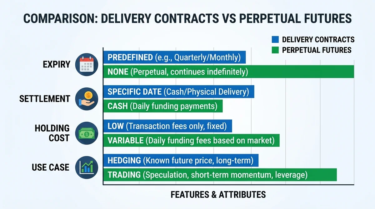Wide 16:9 horizontal bar chart comparing delivery contracts and perpetual futures across four features: expiry, settlement, h
