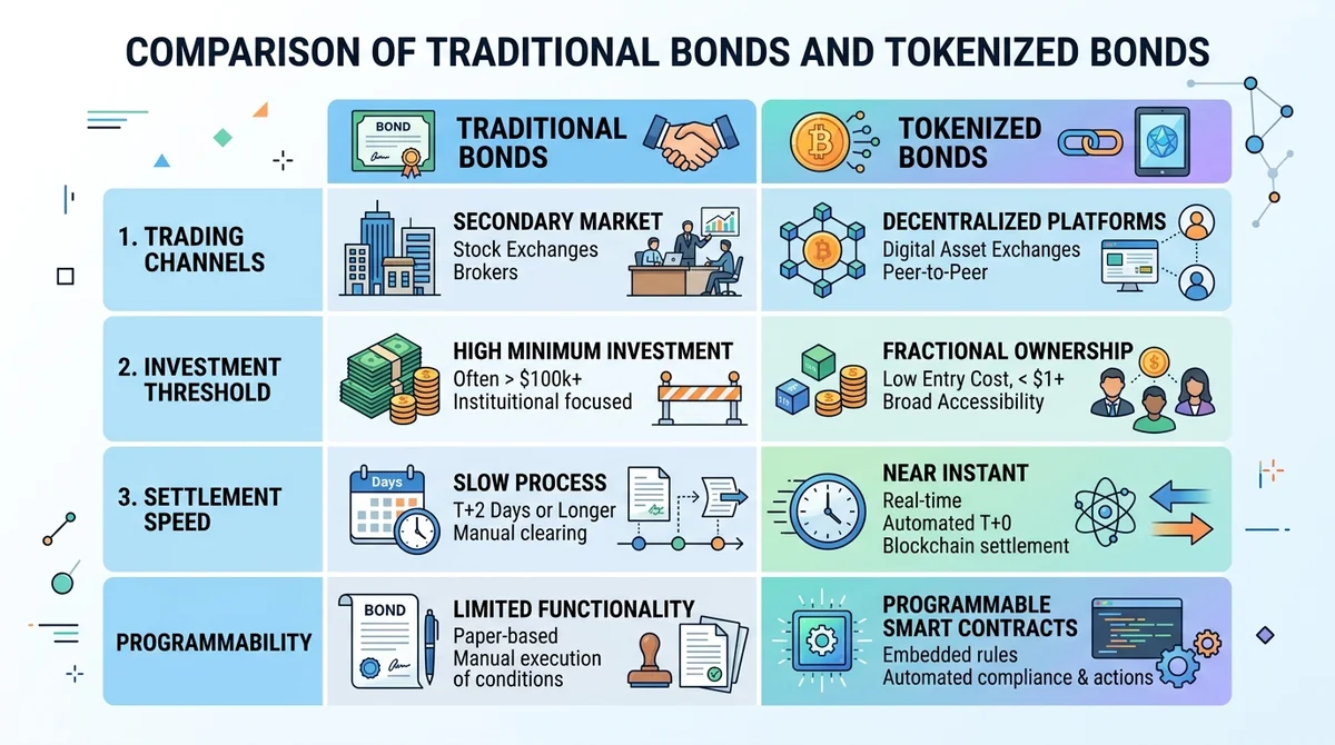 Wide 16:9 horizontal table-style infographic comparing traditional bonds and tokenized bonds across four rows: trading channe