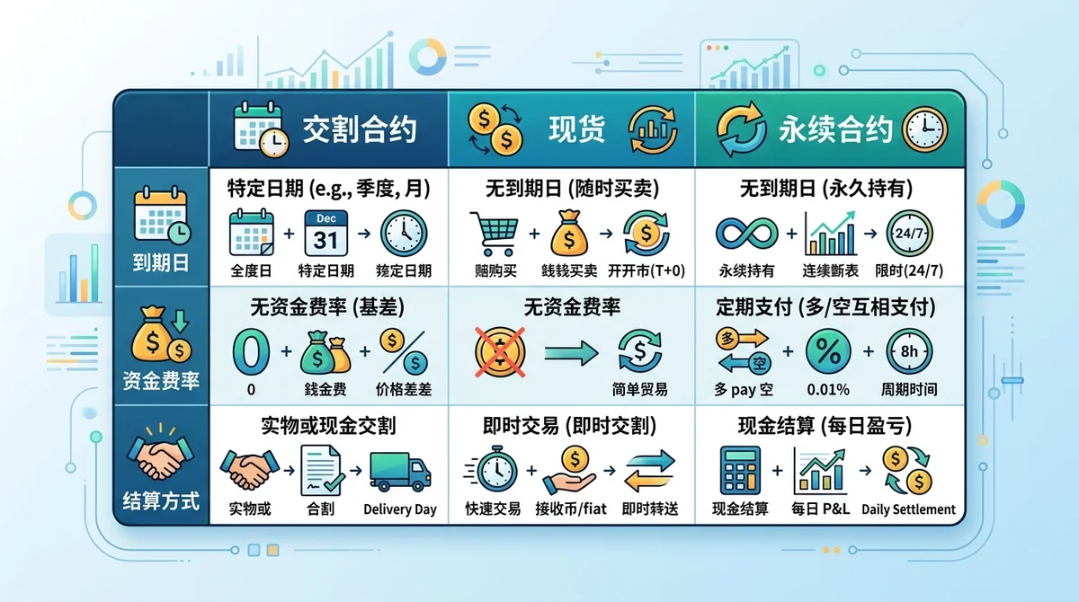 交割合约 vs 现货 vs 永续合约对比表格，三列对比：到期日、资金费率、结算方式