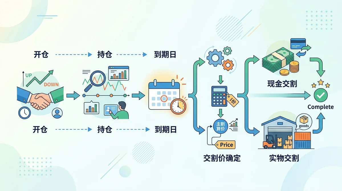 交割合约运作流程图：开仓→持仓→到期日→交割价确定→现金/实物交割