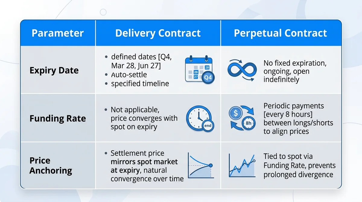 Wide 16:9 horizontal comparison table, two columns labeled 'Delivery Contract' and 'Perpetual Contract', rows for 'Expiry Dat