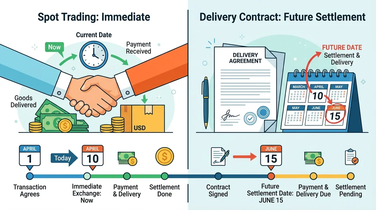 Wide 16:9 horizontal infographic, two panels side by side, left panel shows handshake and money exchange with label 'Spot Tra