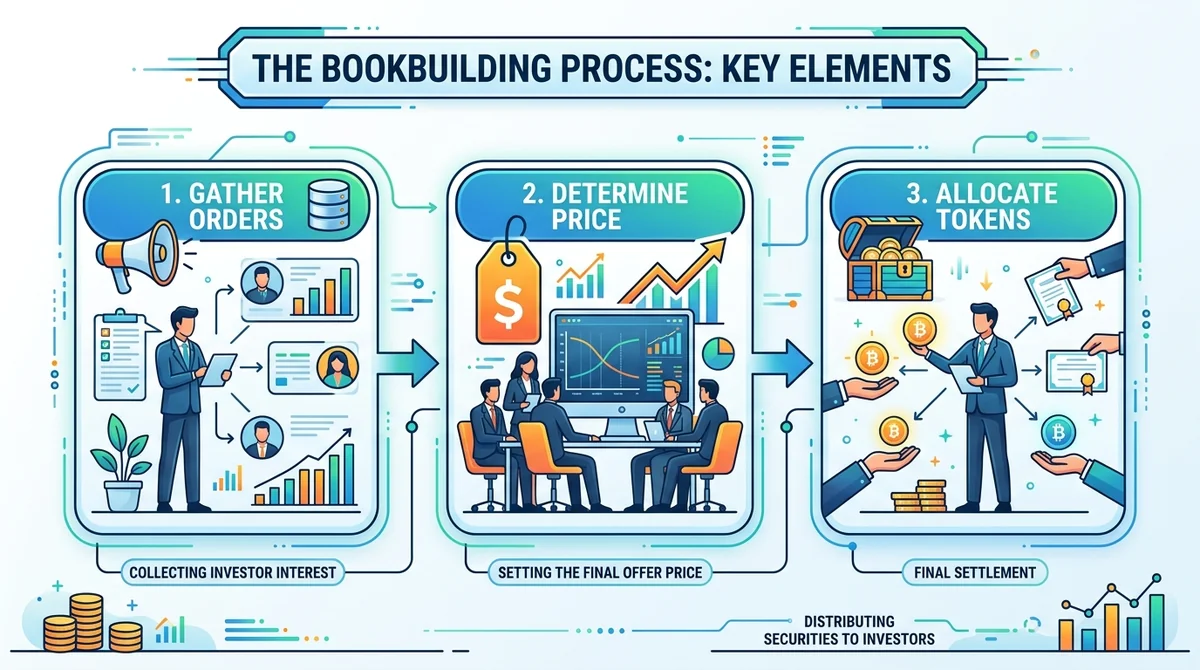 Simple infographic defining bookbuilding: three key elements (gather orders, determine price, allocate tokens) with icons and