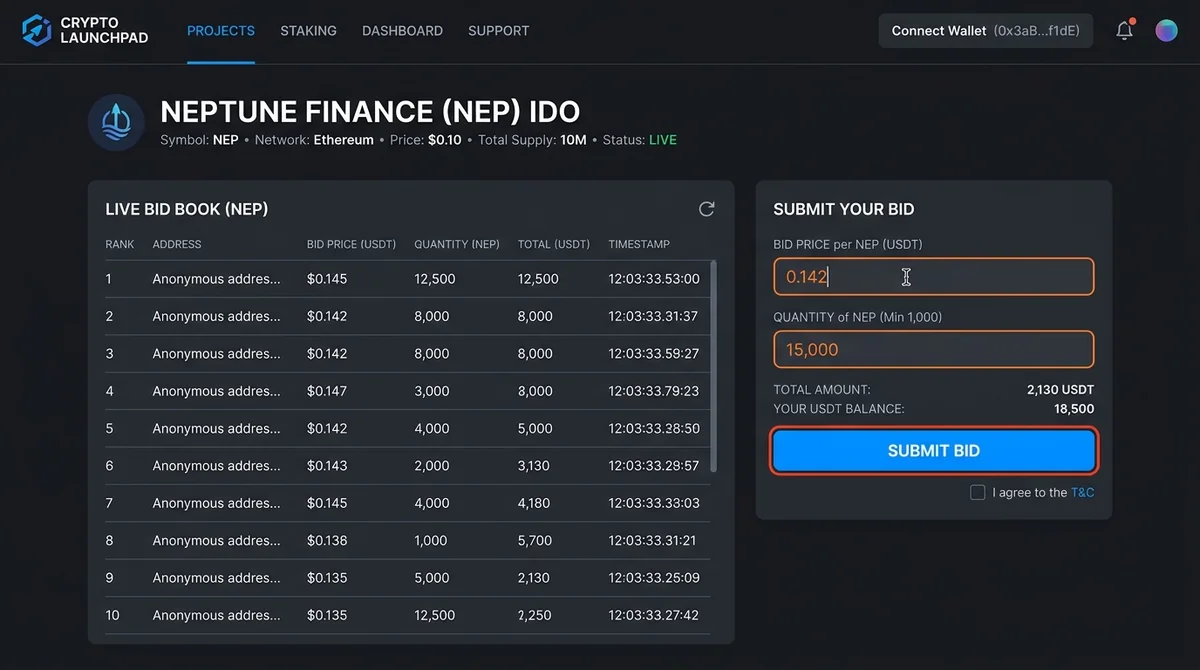 Mock screenshot of a crypto launchpad order book interface where investors submit bids, with highlighted price and quantity f