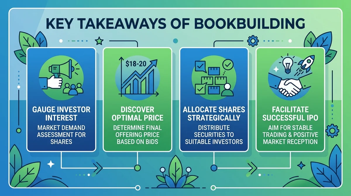 Square infographic with 4 icons and short descriptions, each representing a key takeaway of bookbuilding, modern flat design,