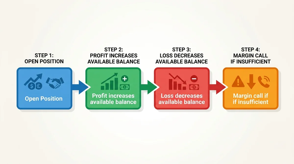Wide 16:9 horizontal flow diagram, flat modern style, four steps from left to right: 'Open Position', 'Profit increases avail