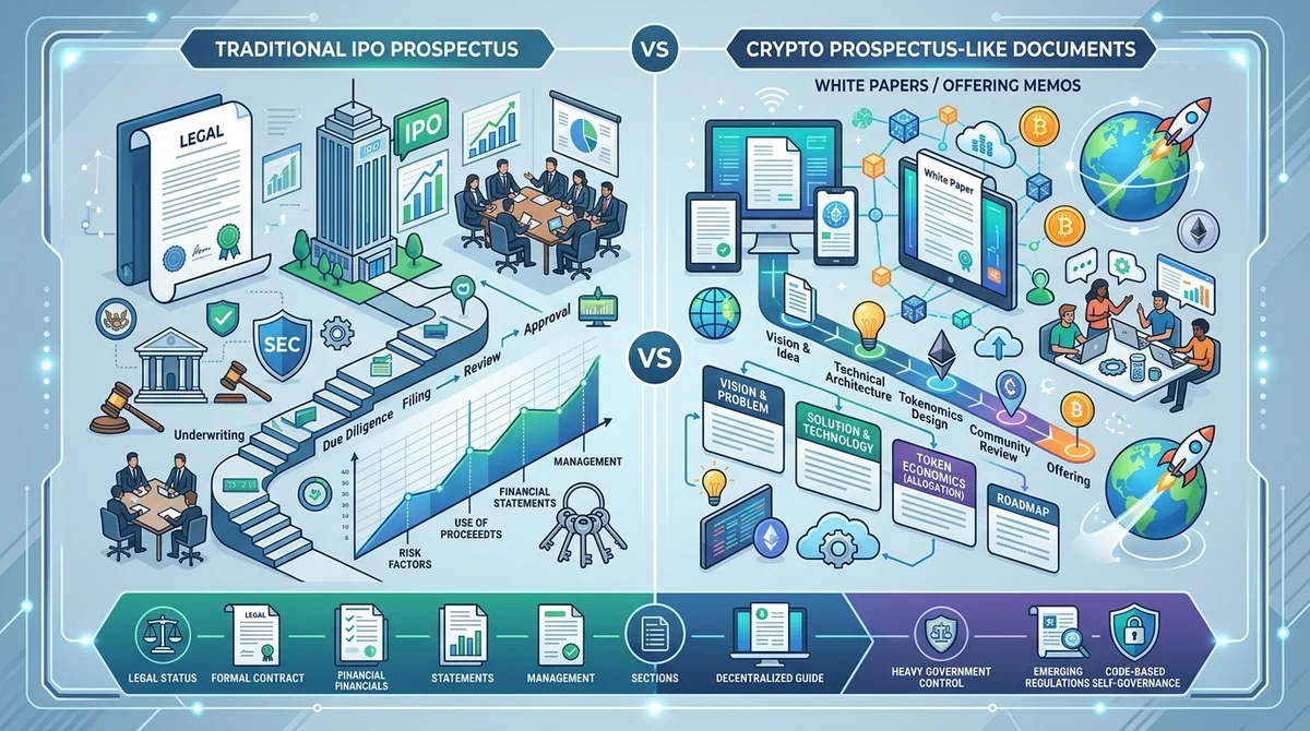 Infographic comparing traditional IPO prospectus and crypto prospectus-like documents, highlighting key differences in legal