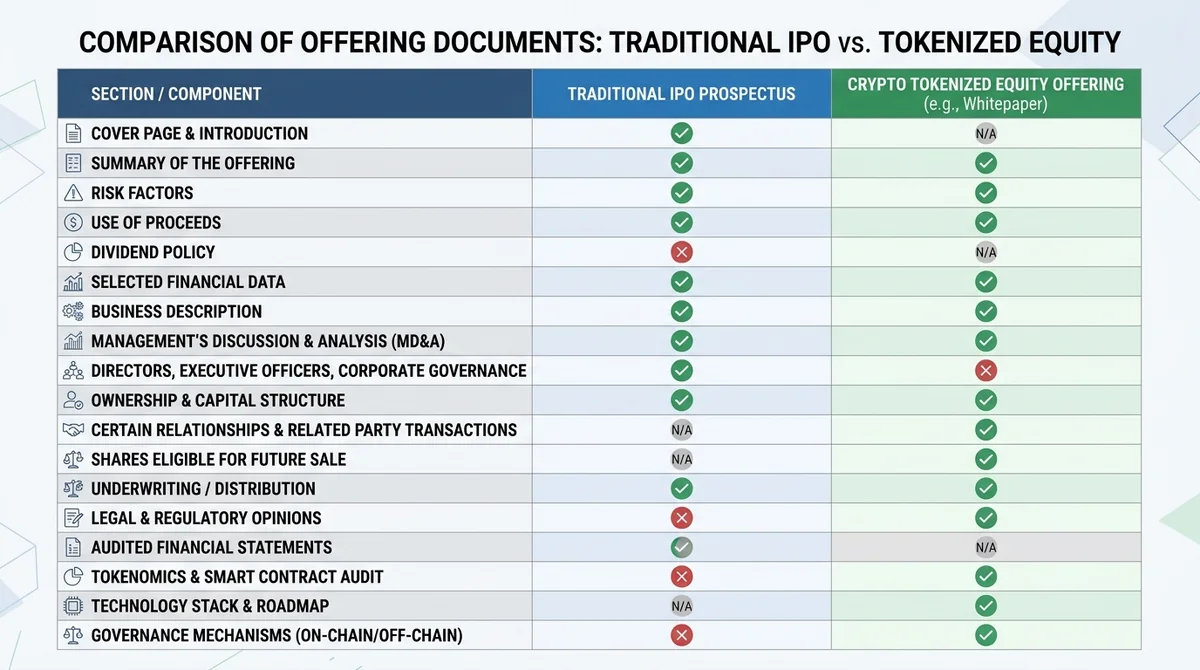Table comparing sections of a traditional IPO prospectus vs. a typical crypto tokenized equity offering document, showing whi