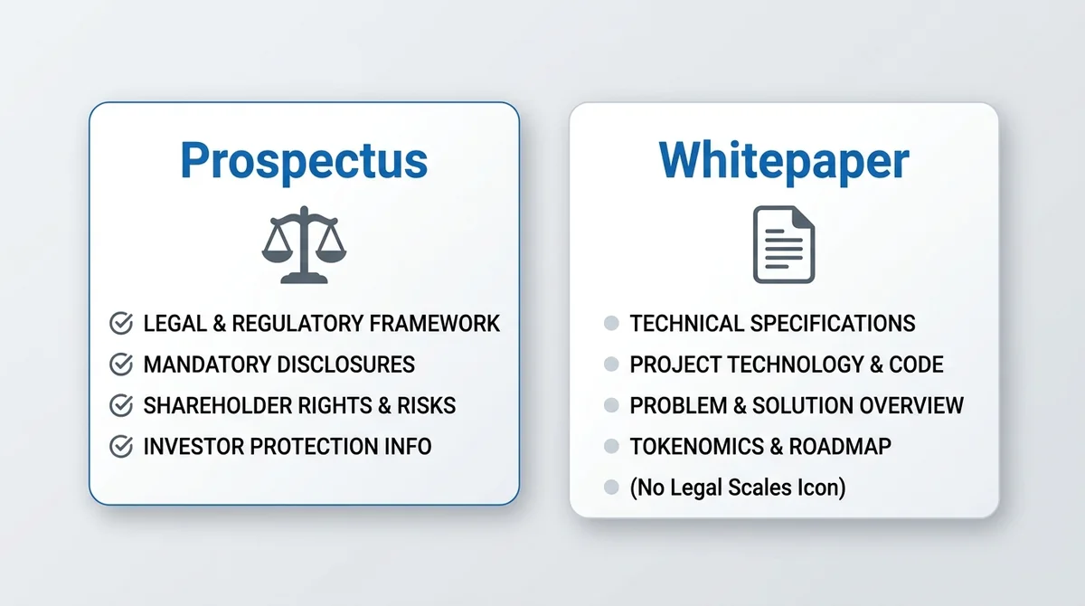 Wide 16:9 horizontal composition, two side-by-side cards: left card labeled 'Prospectus' with checkmark icons and legal scale