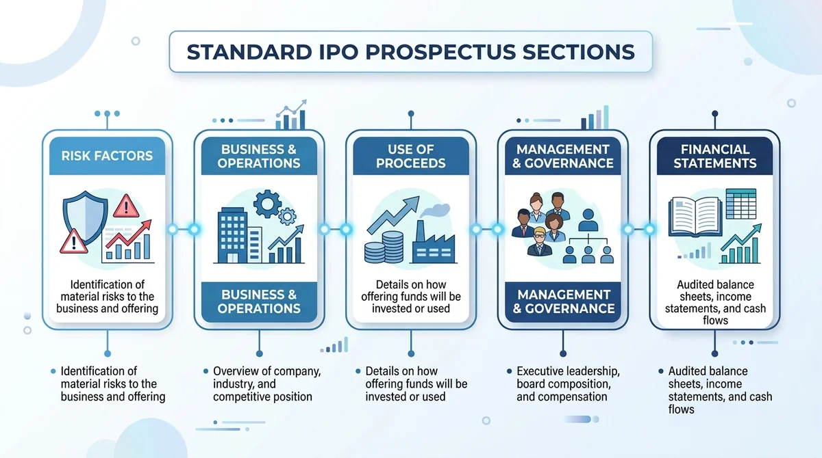 Wide 16:9 horizontal composition, infographic with five connected nodes or cards representing standard IPO prospectus section