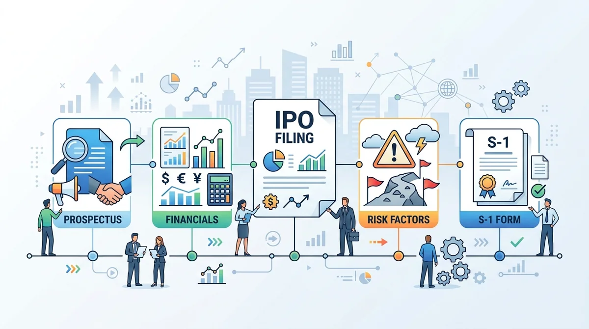Simple definition of IPO filing with key components: prospectus, financials, risk factors, and S-1 form