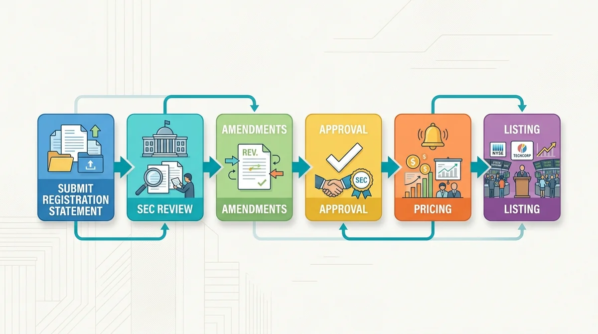 Flowchart of the IPO filing process: submit registration statement, SEC review, amendments, approval, pricing, listing