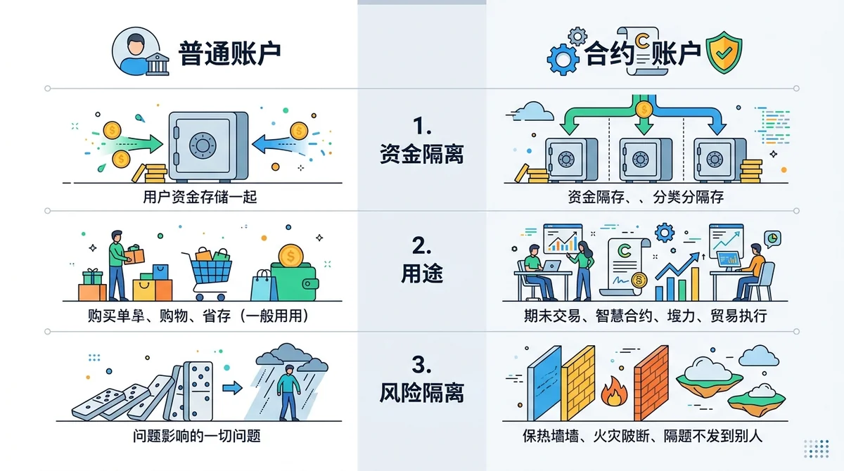 合约账户与普通账户区别信息图：对比资金隔离、用途、风险隔离三个维度