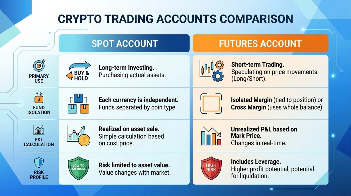 Wide 16:9 horizontal comparison chart, two columns labeled 'Spot Account' and 'Futures Account', each with icons and short En